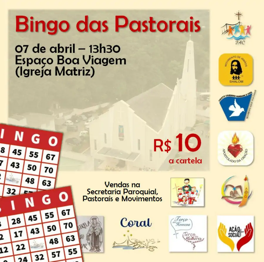 Paróquia Nossa Senhora da Boa Viagem promove o Bingo das Pastorais no domingo, dia 7 1
