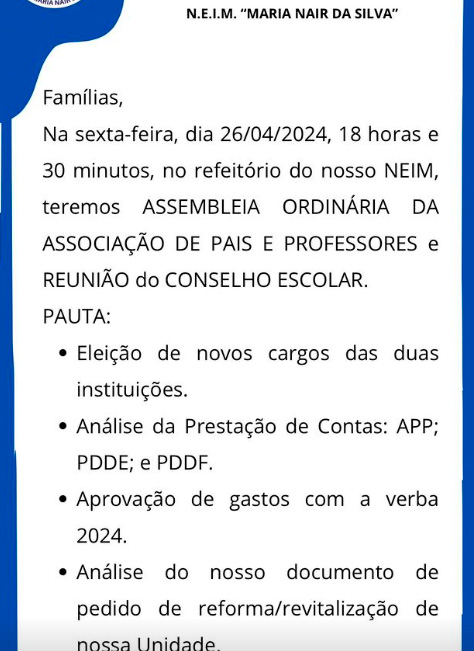 NEIM Maria Nair da Silva Convida para assembleia da APP e reunião do Conselho Escolar 1