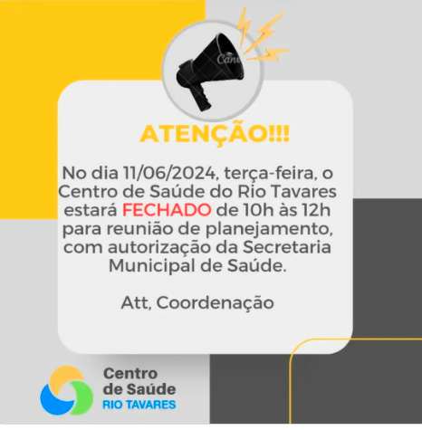 Centro de Saúde do Rio Tavares estará fechado das 10h às 12h nesta terça-feira 1