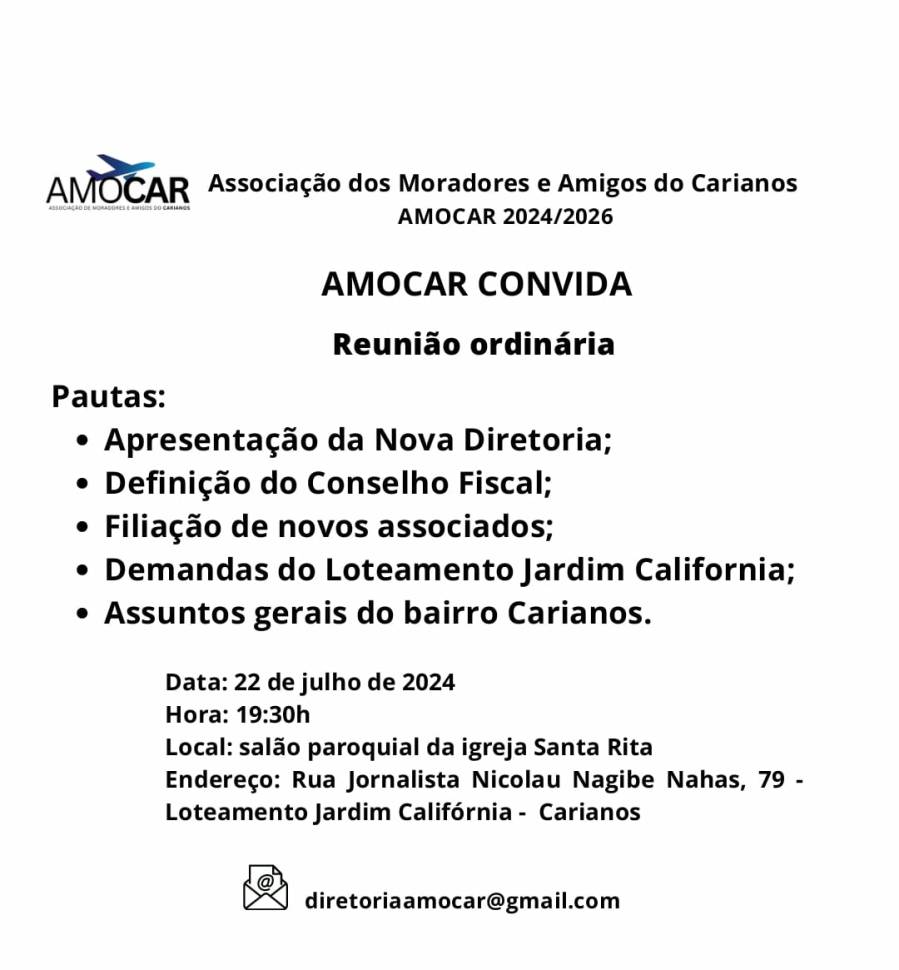 AMOCAR convida para reunião ordinária do dia 22 1