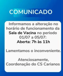 Leia mais sobre o artigo Mudança no horário de atendimento da sala de vacinas do Centro de Saúde do Carianos