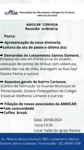 Leia mais sobre o artigo AMOCAR convida moradores do Carianos para reunião ordinária quarta-feira (28)