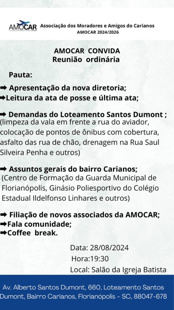 AMOCAR convida moradores do Carianos para reunião ordinária quarta-feira (28) 1