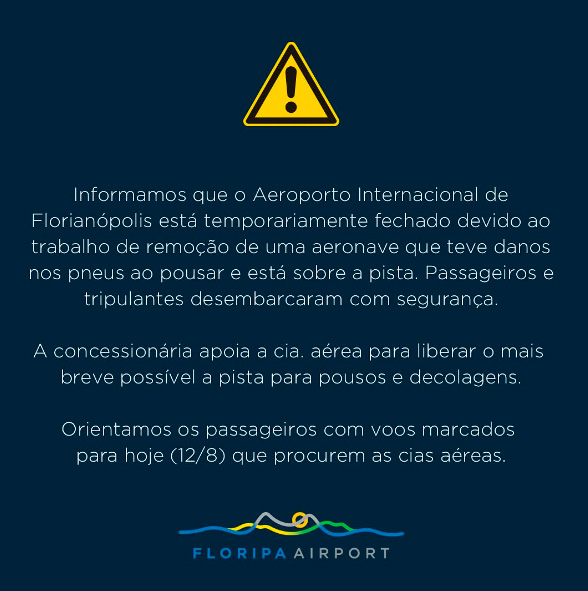 Aeroporto de Florianópolis é fechado após avião furar pneu na aterrissagem 2