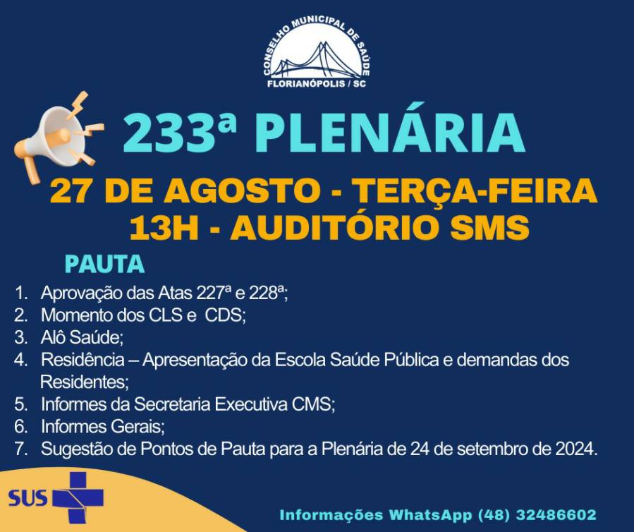 Conselho Municipal de Saúde de Florianópolis realiza 233ª Plenária Ordinária Presencial 1