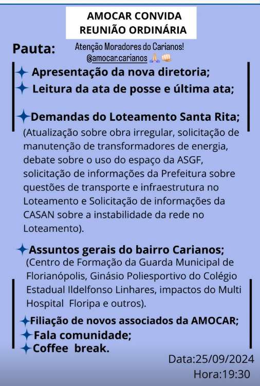 AMOCAR realiza reunião mensal no dia 25 de setembro 1