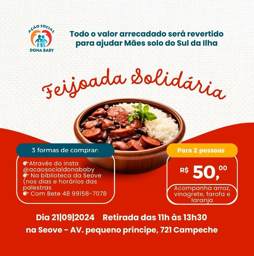 Ação Social Dona Baby realiza Feijoada Solidária no dia 21 de setembro 1