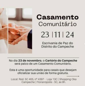 Sul da Ilha terá Casamento Comunitário no Cartório do Campeche em 23 de novembro 2