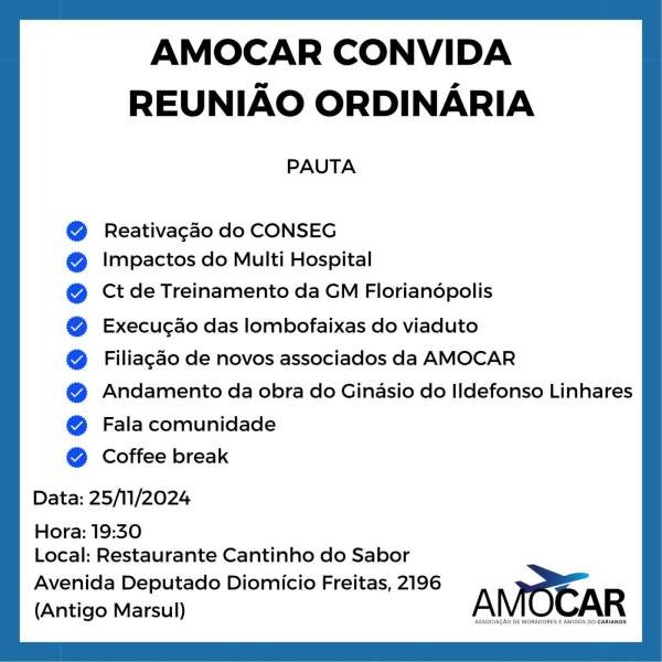 Reunião Ordinária da AMOCAR será realizada nesta segunda-feira, 25 de novembro 5