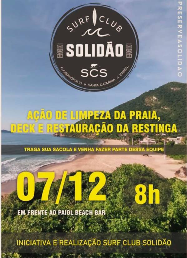 Surf Club Solidão promove ação de limpeza da praia e restauração da restinga em 7 de dezembro 1