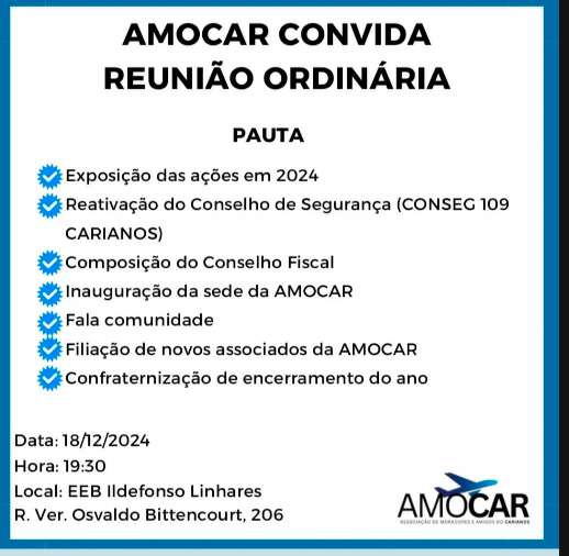 AMOCAR realiza reunião ordinária dia 18 1