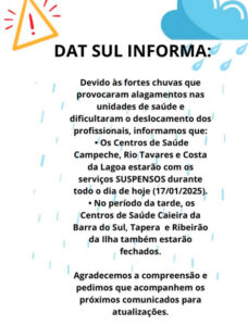 Leia mais sobre o artigo Centros de Saúde do Distrito Sanitário Sul suspendem atendimento devido às chuvas