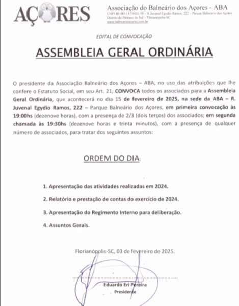 Associação Balneário dos Açores convoca associados para Assembleia Geral Ordinária 1