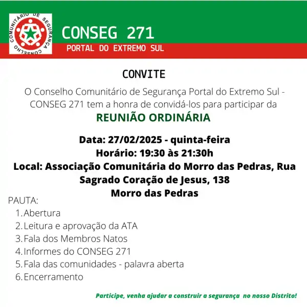 Conselho Comunitário de Segurança realiza reunião hoje no Morro das Pedras 1