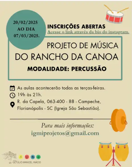 Rancho da Canoa abre inscrições para o Projeto de Música com aulas gratuitas de percussão 1