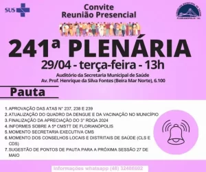 Leia mais sobre o artigo Conselho Municipal de Saúde de Florianópolis convida para a 241ª Sessão Plenária