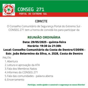 Leia mais sobre o artigo CONSEG 271 realiza reunião nesta quinta-feira na Costa de Dentro com presença de autoridades da Segurança Pública