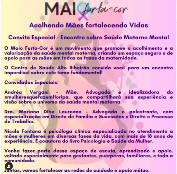Centro de Saúde do Alto Ribeirão promove encontro do Maio Furta-Cor com foco na saúde mental das mães 1 Centro de Saúde do Alto Ribeirão promove encontro do Maio Furta-Cor com foco na saúde mental das mães 1