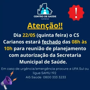 Leia mais sobre o artigo Centro de Saúde do Carianos terá atendimento restrito nesta quinta-feira (22)