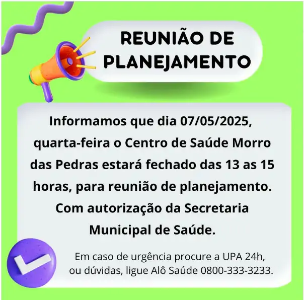 Centro de Saúde do Morro das Pedras terá atendimento suspenso temporariamente nesta quarta-feira (7) para reunião de planejamento 2 Centro de Saúde do Morro das Pedras terá atendimento suspenso temporariamente nesta quarta-feira (7) para reunião de planejamento 2