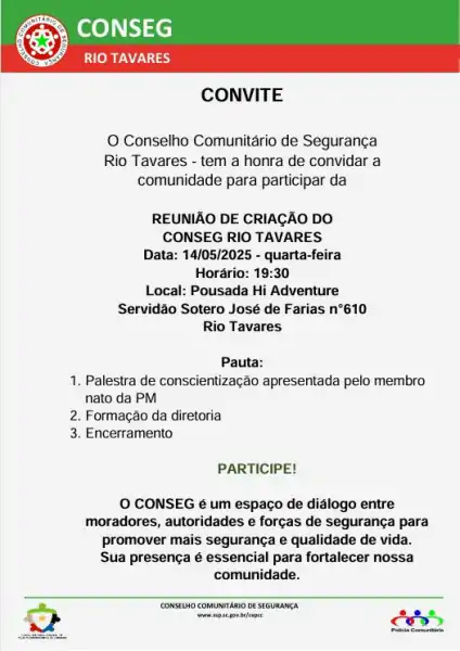 Comunidade é convidada para criação do CONSEG Rio Tavares em reunião dia 14 de maio 1 Comunidade é convidada para criação do CONSEG Rio Tavares em reunião dia 14 de maio 1
