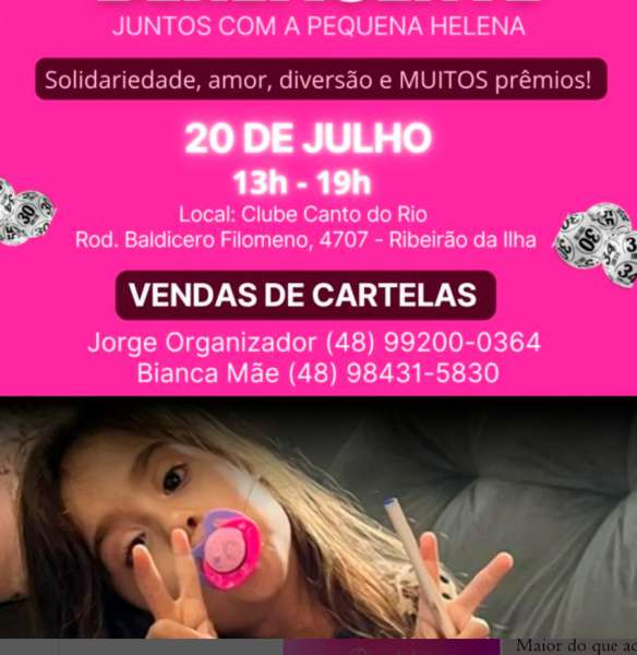 Campanha Solidária convida a comunidade a participar de Bingo em prol da pequena Helena 1 Campanha Solidária convida a comunidade a participar de Bingo em prol da pequena Helena 1