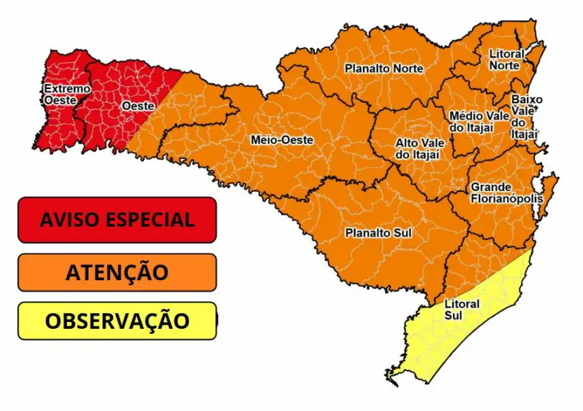 Proteção e Defesa Civil atualiza alerta e eleva para muito alto o risco de tempestades severas para o Oeste e Extremo Oeste de SC 1 Proteção e Defesa Civil atualiza alerta e eleva para muito alto o risco de tempestades severas para o Oeste e Extremo Oeste de SC 1