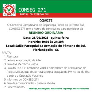 Leia mais sobre o artigo CONSEG 271 realiza reunião ordinária nesta quinta-feira em Florianópolis 