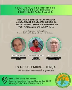 Leia mais sobre o artigo Fórum Popular promove aulão sobre abastecimento da Lagoa do Peri e verticalização no Sul da Ilha