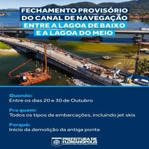 Leia mais sobre o artigo Demolição da antiga ponte da Lagoa da Conceição inicia na próxima segunda-feira, dia 20 de outubro