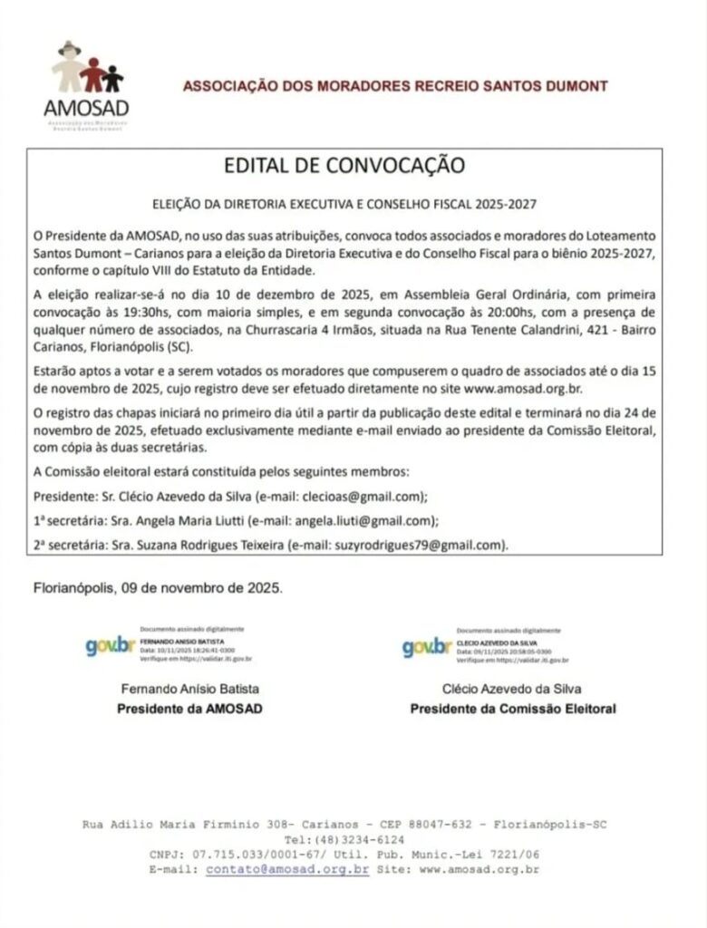 Associação de Moradores Santos Dumont convoca moradores para Assembleia e eleição da nova diretoria 1