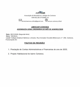 AMOCAR realiza reunião mensal nesta segunda-feira (26) com prestação de contas e debate sobre projeto habitacional no Carianos 20
