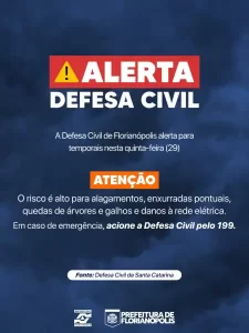 Leia mais sobre o artigo Florianópolis entra em Alerta Laranja para temporais nesta quinta-feira (29)