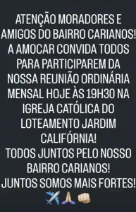 AMOCAR convida comunidade para reunião ordinária nesta quinta-feira no Carianos 18