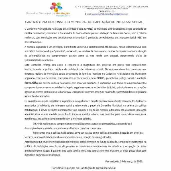 Conselho Municipal de Habitação divulga carta aberta em defesa da habitação de interesse social em Florianópolis 2