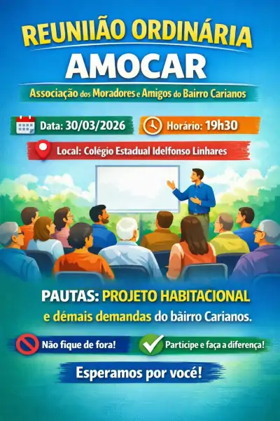 AMOCAR convida moradores para reunião mensal no bairro Carianos no dia 30 de março 1