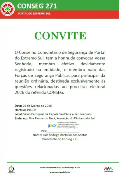 Conselho Comunitário de Segurança do Portal Extremo Sul convoca reunião ordinária sobre processo eleitoral 2026 1