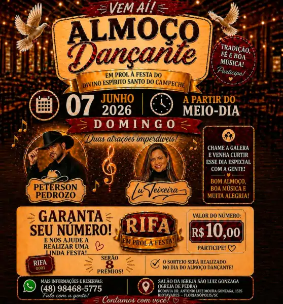 Festa do Divino Espírito Santo do Campeche promove almoço dançante no dia 7 de junho 1 Festa do Divino Espírito Santo do Campeche promove almoço dançante no dia 7 de junho 1
