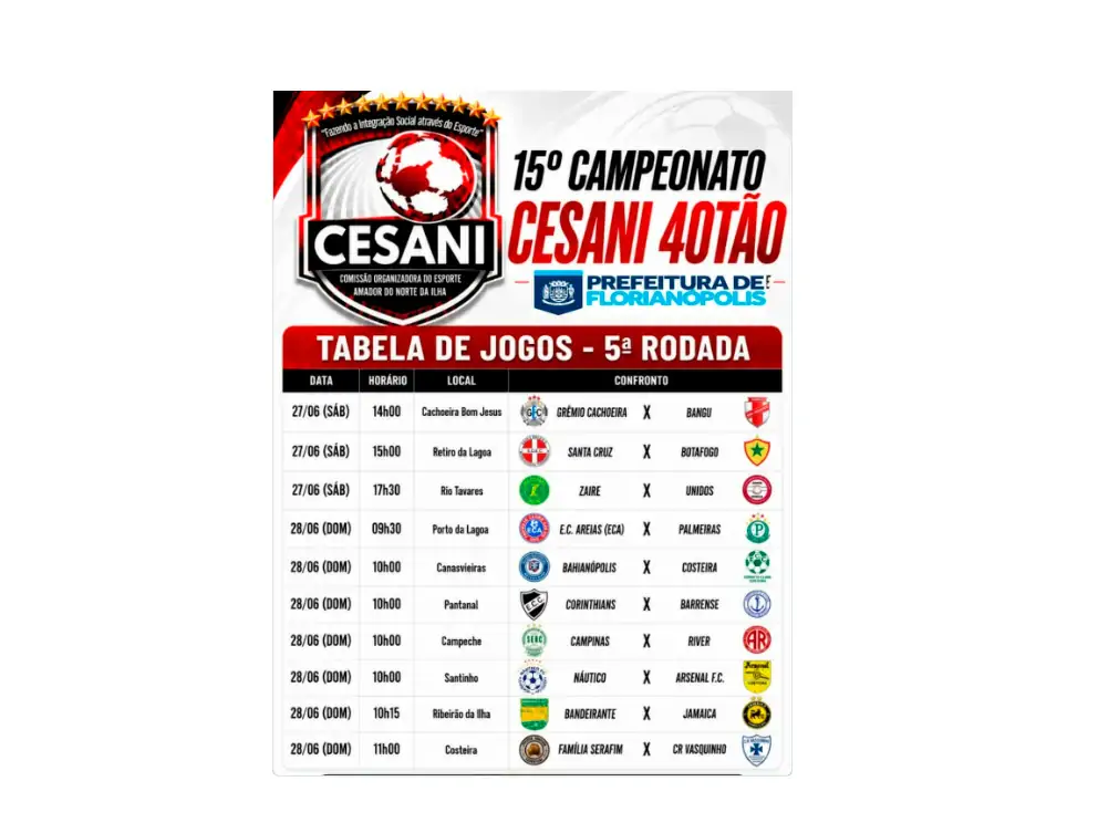 15º Campeonato Cesani 40tão chega à 5ª rodada com jogos em diversas regiões de Florianópolis 1