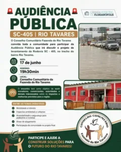 Leia mais sobre o artigo Audiência pública discute nesta terça-feira solução para alagamentos e mobilidade na SC-405, no Rio Tavares