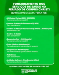 Saúde divulga funcionamento dos serviços