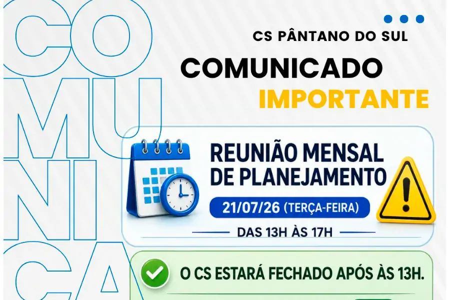 Centro de Saúde do Pântano do Sul terá atendimento suspenso na tarde de terça-feira para reunião de planejamento 1 Centro de Saúde do Pântano do Sul terá atendimento suspenso na tarde de terça-feira para reunião de planejamento 1