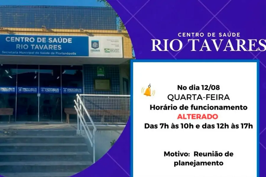 Centro de Saúde do Rio Tavares terá horário de atendimento alterado nesta quarta-feira 1 Centro de Saúde do Rio Tavares terá horário de atendimento alterado nesta quarta-feira 1