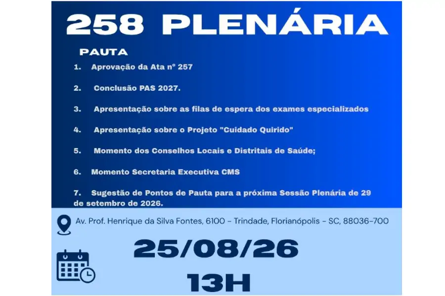Conselho Municipal de Saúde de Florianópolis realiza 258ª Sessão Plenária na próxima terça-feira 1