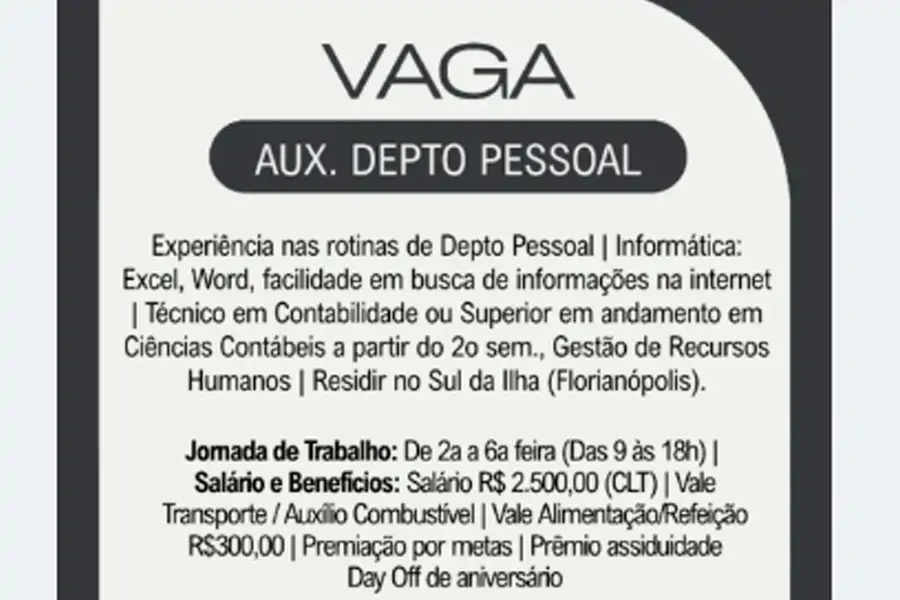 Auxiliar de Departamento Pessoal | Campeche 1 Auxiliar de Departamento Pessoal | Campeche 1