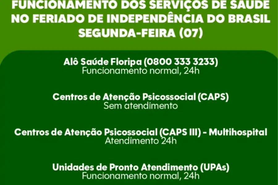 Florianópolis terá mudanças no funcionamento dos serviços de saúde no feriado de 7 de setembro 1 Florianópolis terá mudanças no funcionamento dos serviços de saúde no feriado de 7 de setembro 1