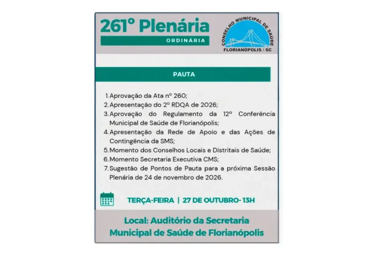 Home 23 Conselho Municipal de Saúde de Florianópolis realiza 261ª plenária na próxima terça-feira (27)