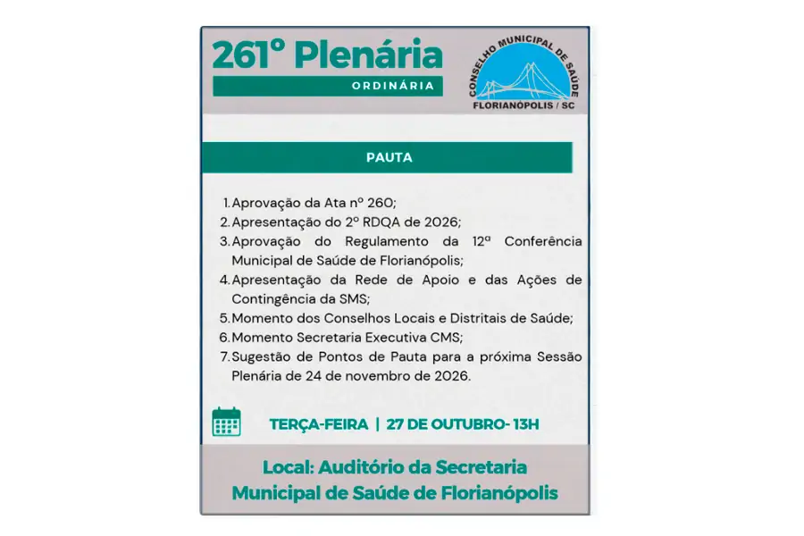 Conselho Municipal de Saúde de Florianópolis realiza 261ª plenária na próxima terça-feira (27) 1
